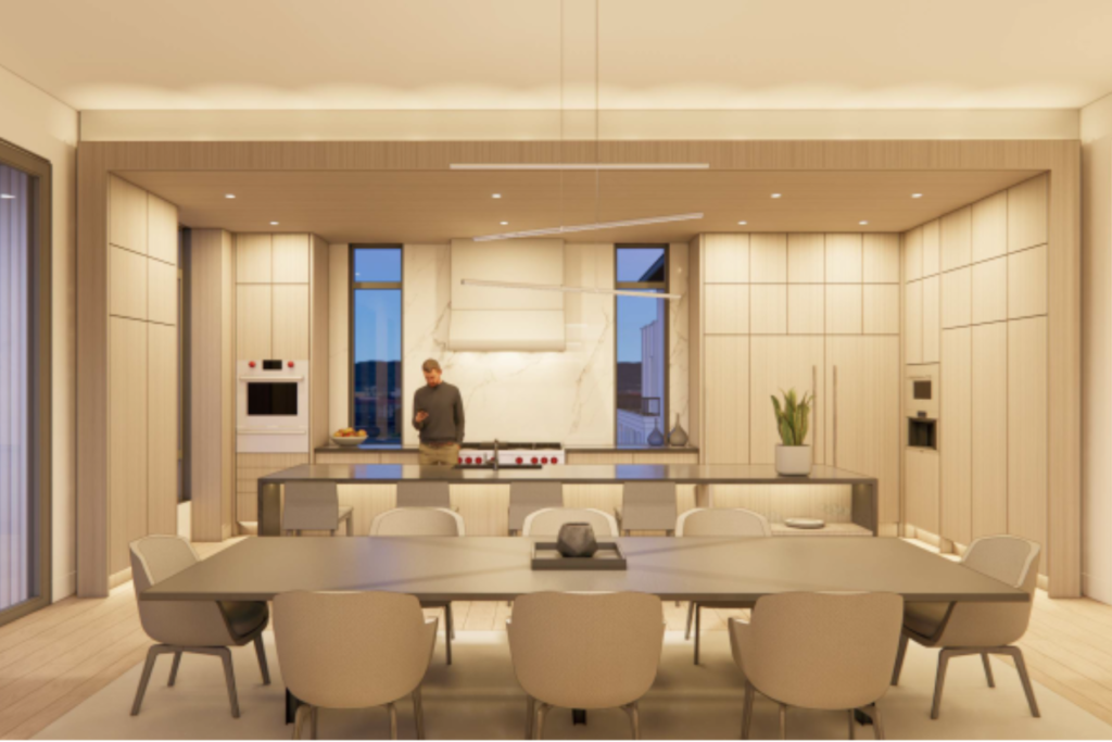 Modern kitchen and dining rendering with light wood cabinetry, a marble backsplash, and a long island.