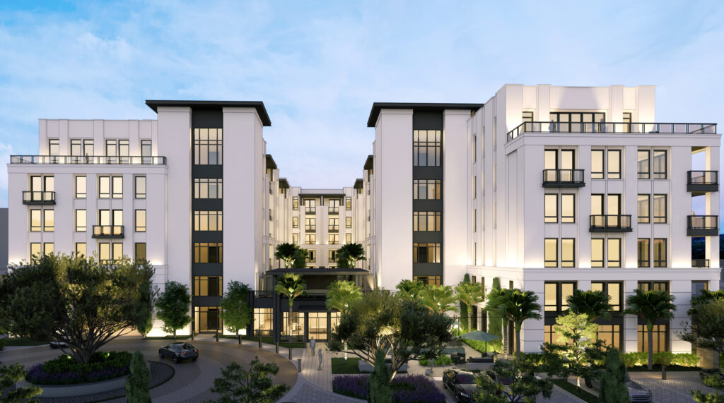 Daytime architectural rendering of a modern multi-story residential community.